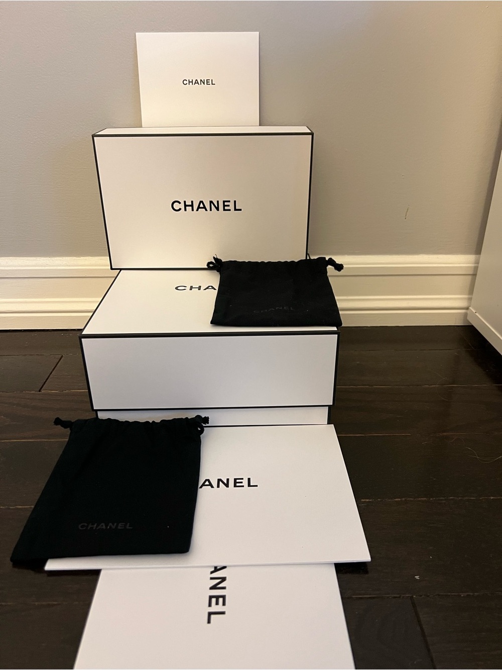 Authentic CHANEL Gift Boxes with Black Pouches and Card Insets, Set of 2